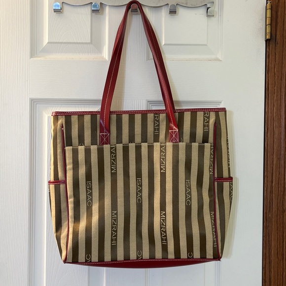 ISAAC MIZRAHI for TARGET Brown & Tan Striped Logo Tote w/ Faux Red Leather Trim - Picture 2 of 13